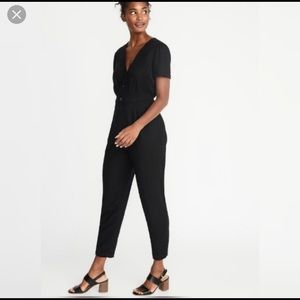 Black Linen Button Front V neck jumpsuit